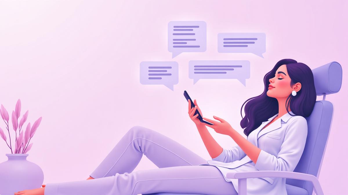 Lash designer e profissional de estética concentrada no trabalho enquanto o WhatsApp é respondido automaticamente